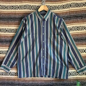 Editions by Van Heusen Striped Button Down Shirt Men Large Teal Navy Long Sleeve